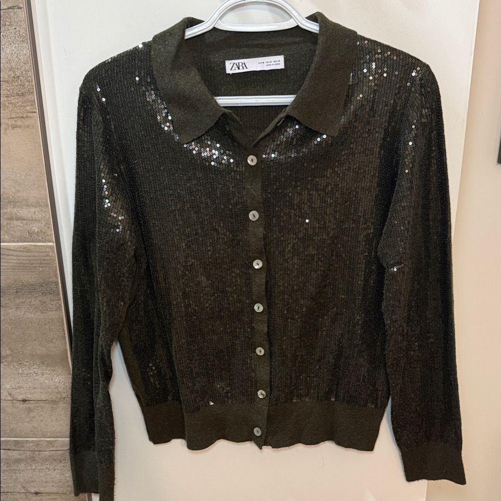 Zara Dark Sequin Button-Up Sweater